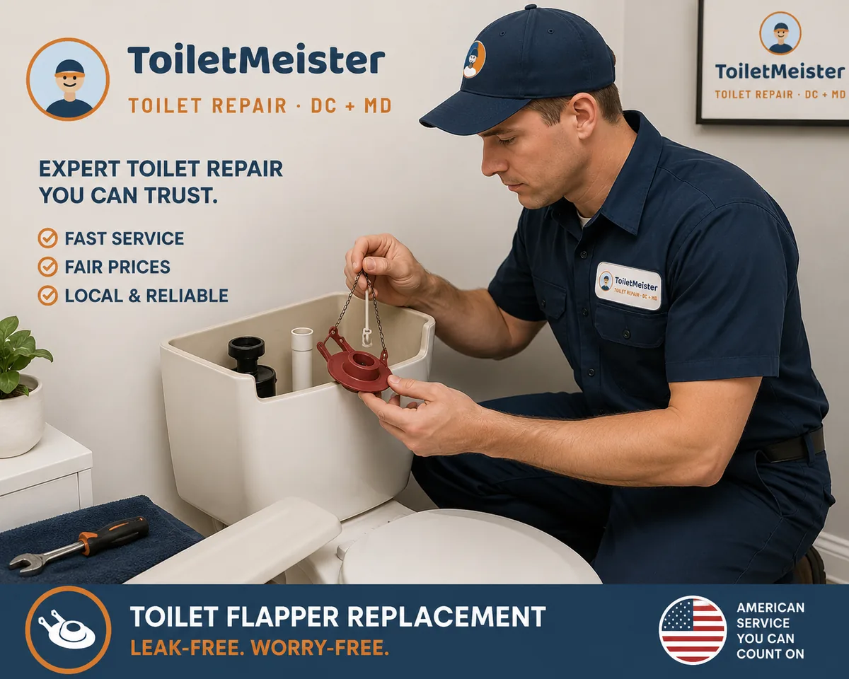 ToiletMeister technician replacing a toilet flapper